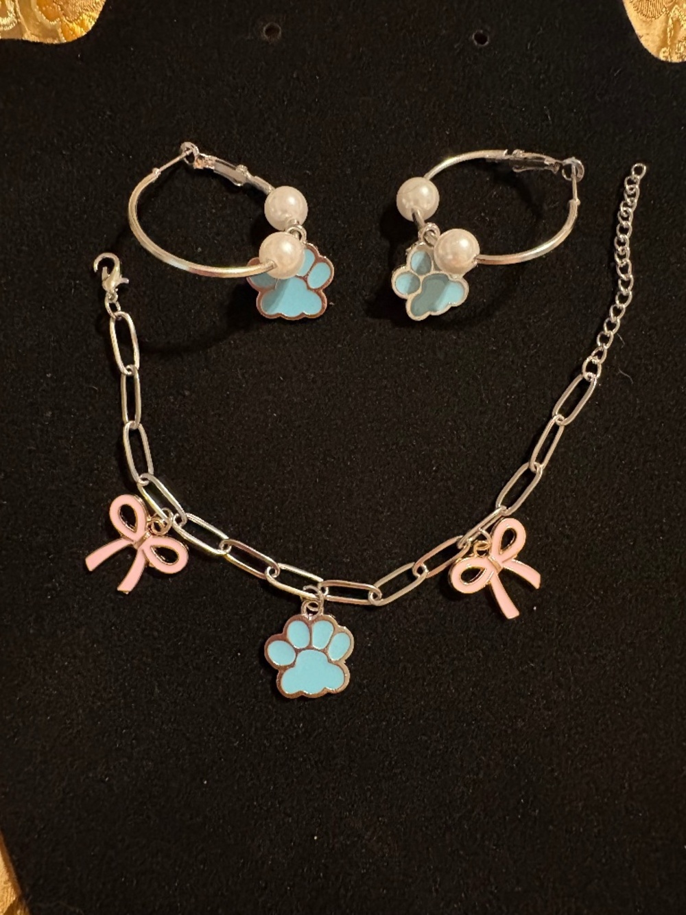 Light Blue Paw Bracelet & Earrings Bow Paperclip - Parky’s Place